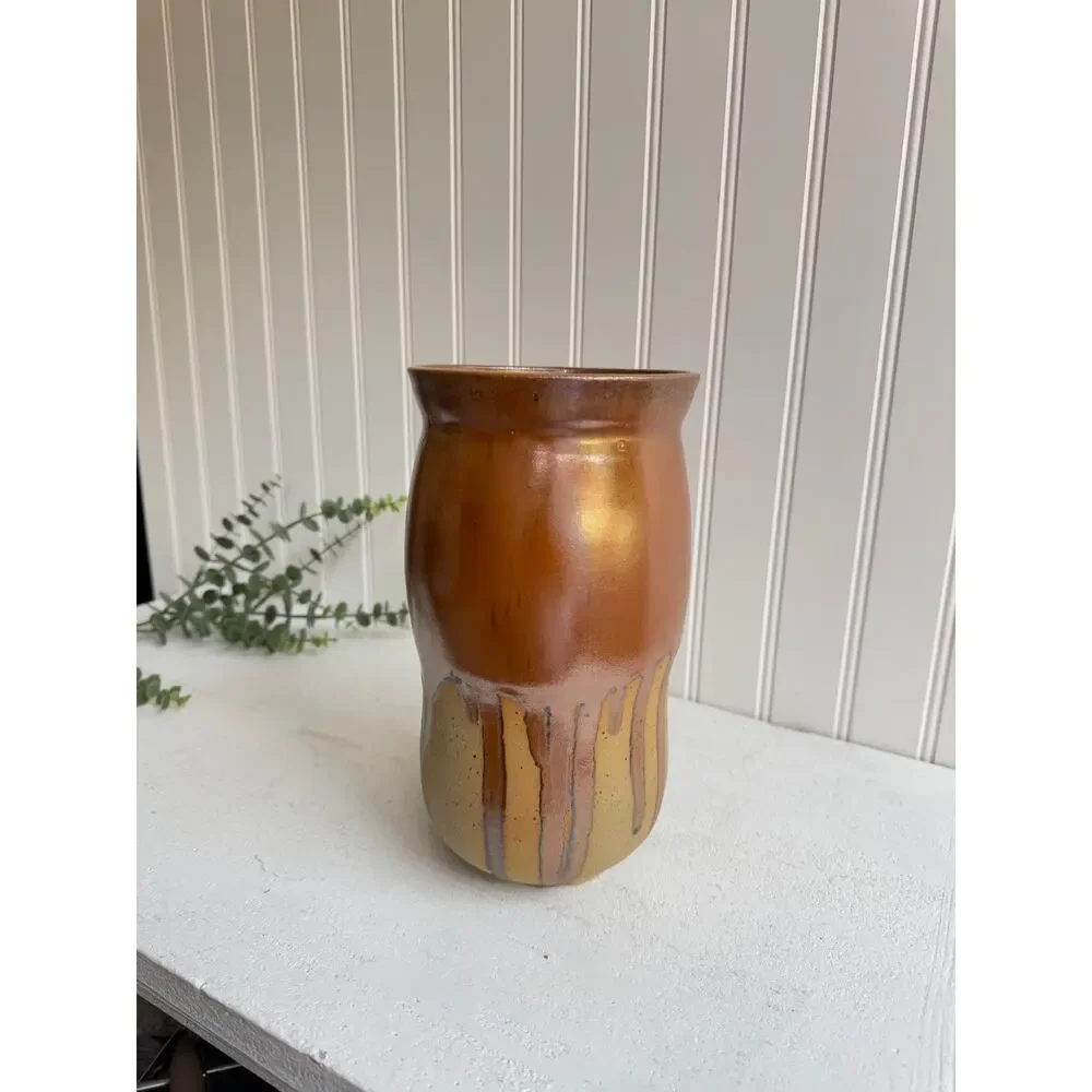 Alton Art Pottery Handmade Brown Drip Glaze Vase Rustic Primitive Organic Modern